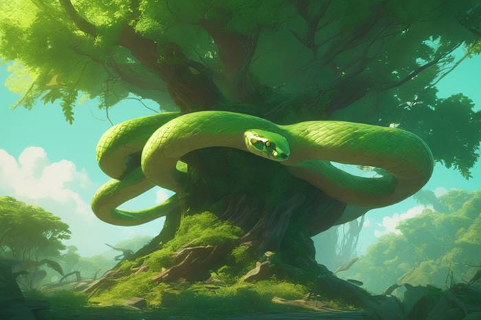 Большая зелёная змея в лесу