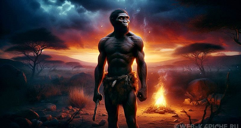 Человек прямоходящий (Homo erectus) арт иллюстрация