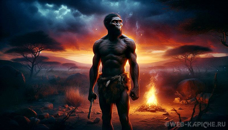 Человек прямоходящий (Homo erectus) арт иллюстрация