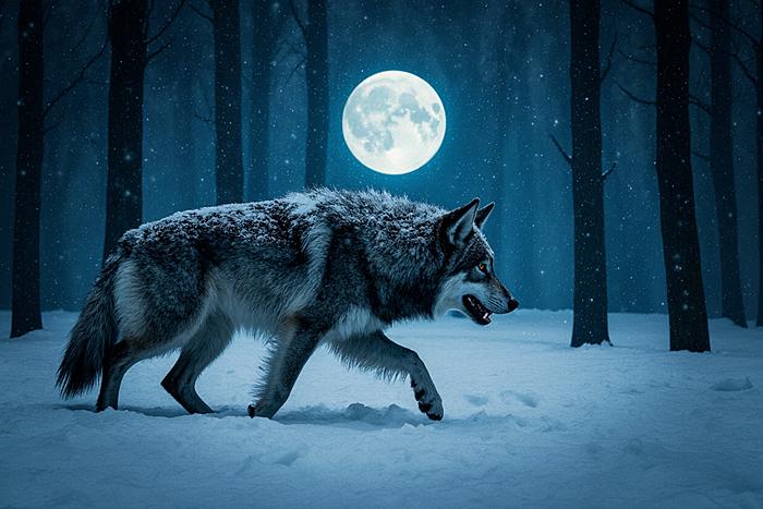 Волк в лунную ночь арт изображение